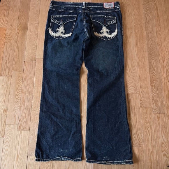 Laguna Beach Jean Co Dark Blue Flare Jeans Embroidered Skull Button USA 42x36